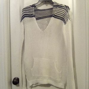 White and blue open stitch hooded sweater.